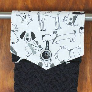 DOG NOVELTY PRINT BLACK & WHITE HANDMADE HANGING KITCHEN BLACK COTTON TOWEL
